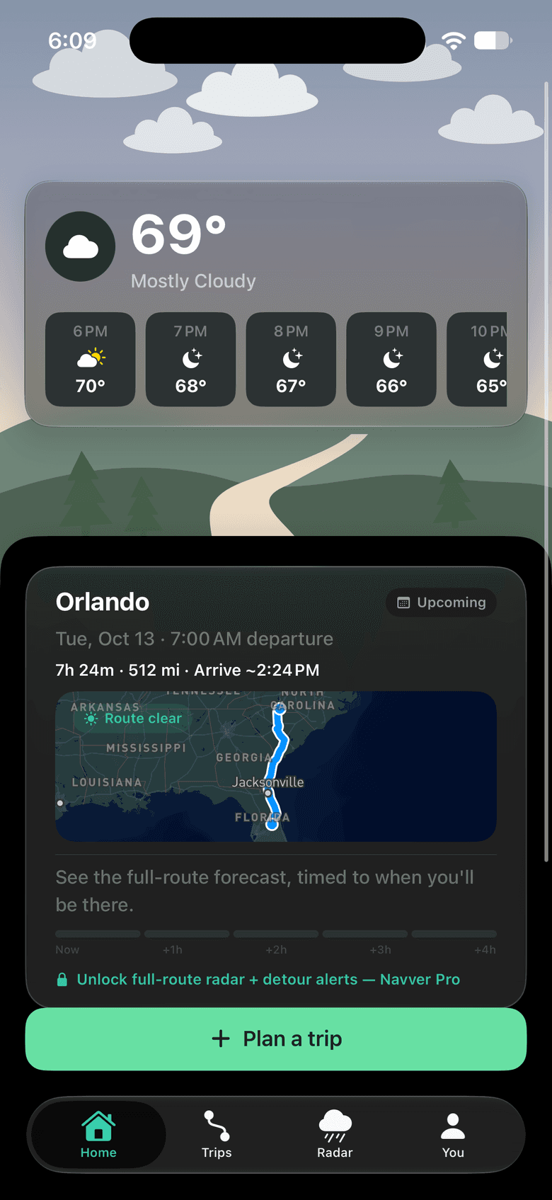 The Navver app showing the local forecast and an upcoming trip with its route on a map