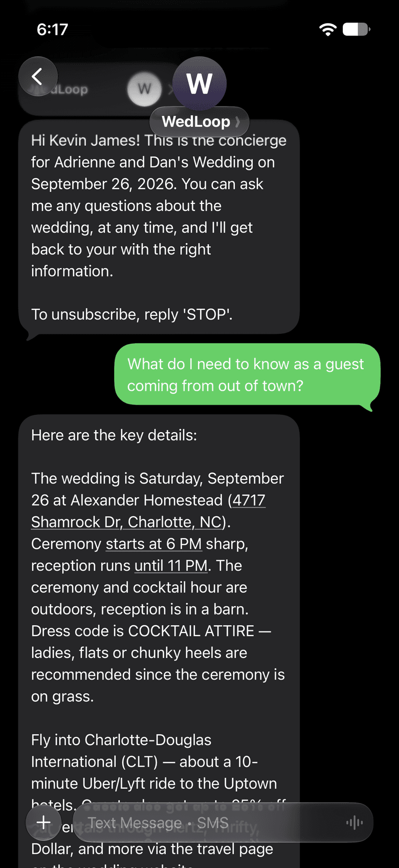 A guest texting WedLoop and getting the wedding details back in a text message